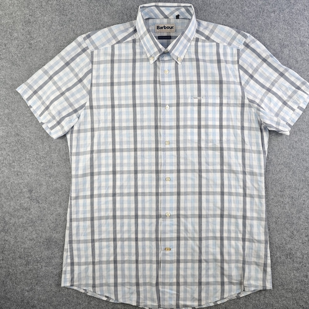 Barbour Shirt Mens Small Gray Blue Plaid Short Sleeve Button Down Cotton